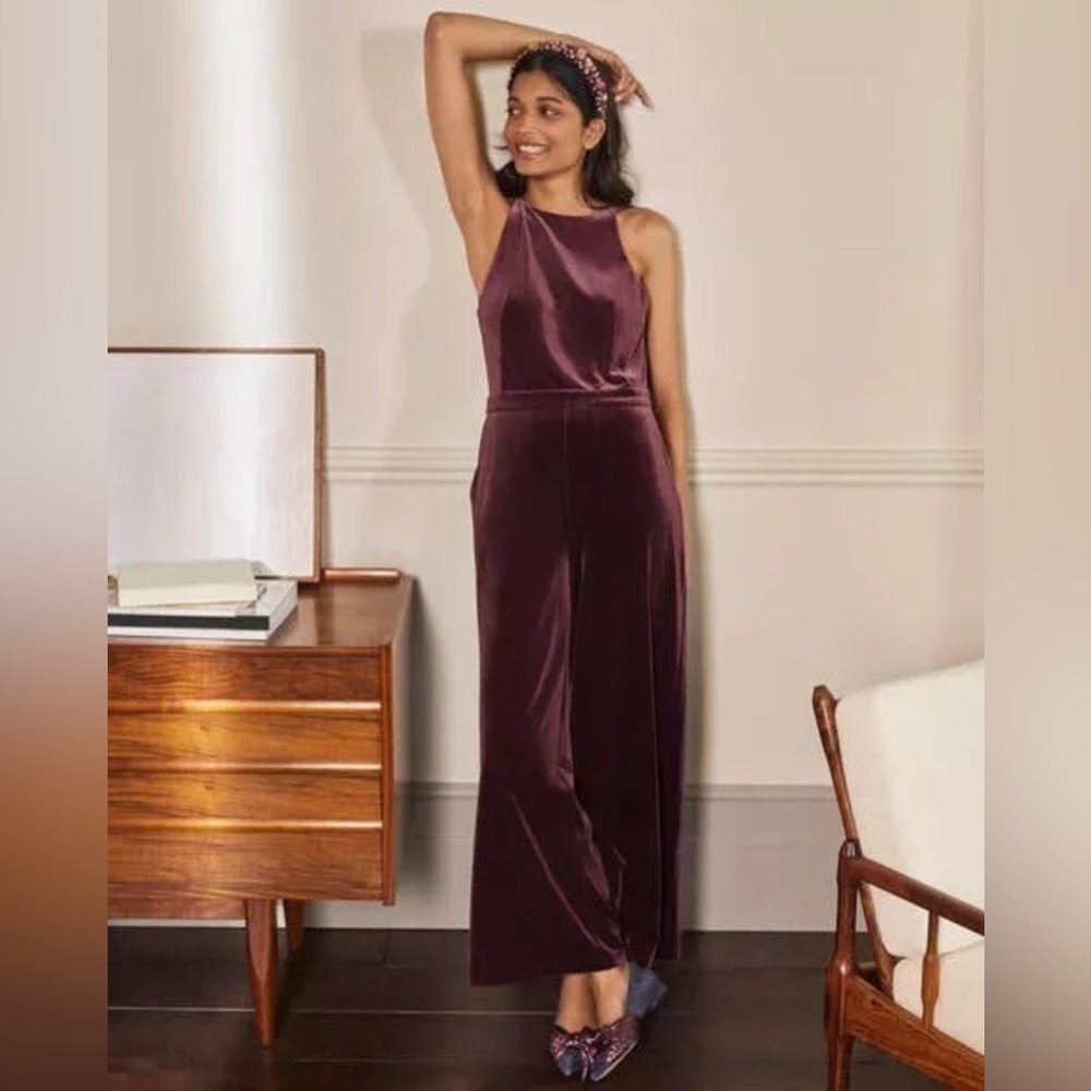 BODEN Velvet Luxe Jumpsuit‎ Wide Leg Sleeveless Deep Burgundy D0049 Size 10T